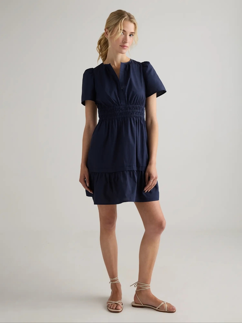 Quince Organic Cotton Tiered Mini Dress Navy Short-Sleeve Smocked Waist NWT